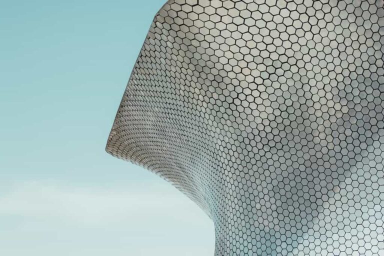 Der Blick auf die moderne, geschwungene Architektur mit hexagonalen Mustern.